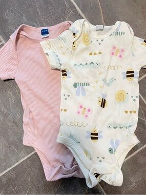 Old Navy Pink Ribbed Bodysuit and Cream Garden Print One-Piece Set